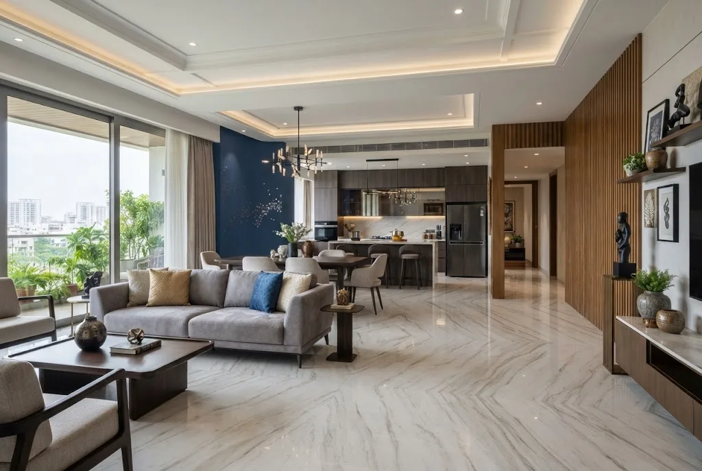 This Home Extension Integrates Fluidity With Marble Floor Design Contemporary Orabella home interior with elegant marble floor design