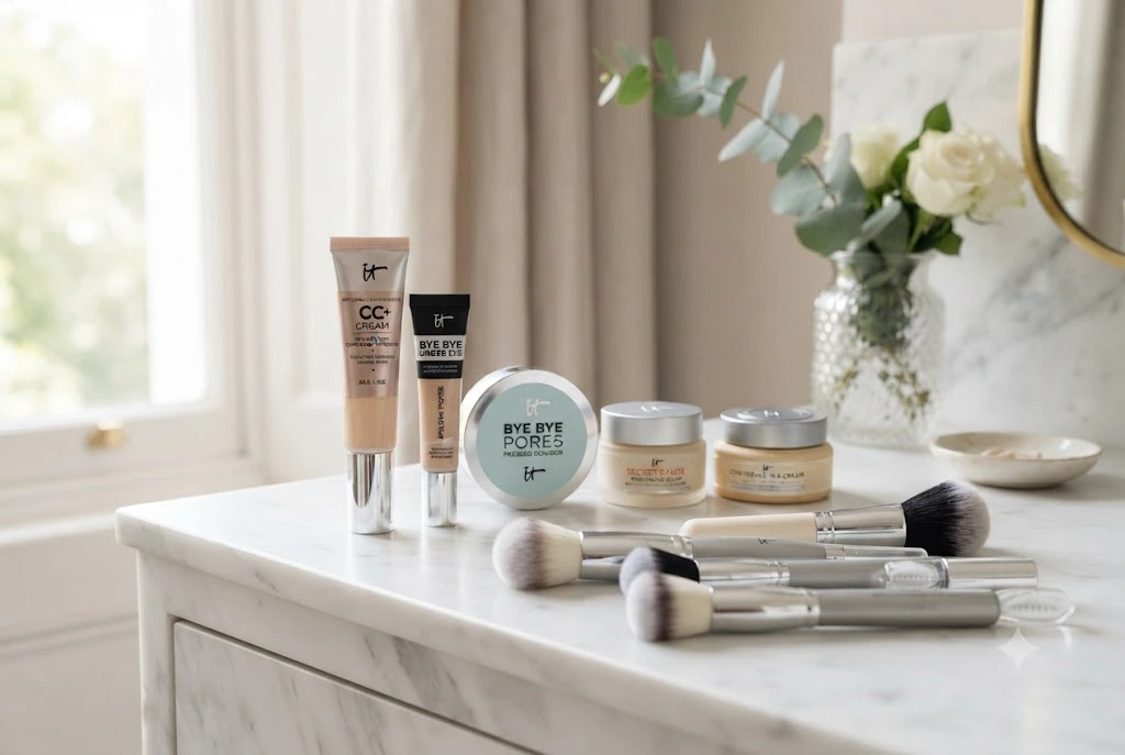 IT Cosmetics makeup products and Heavenly Luxe Complexion Perfection Brush