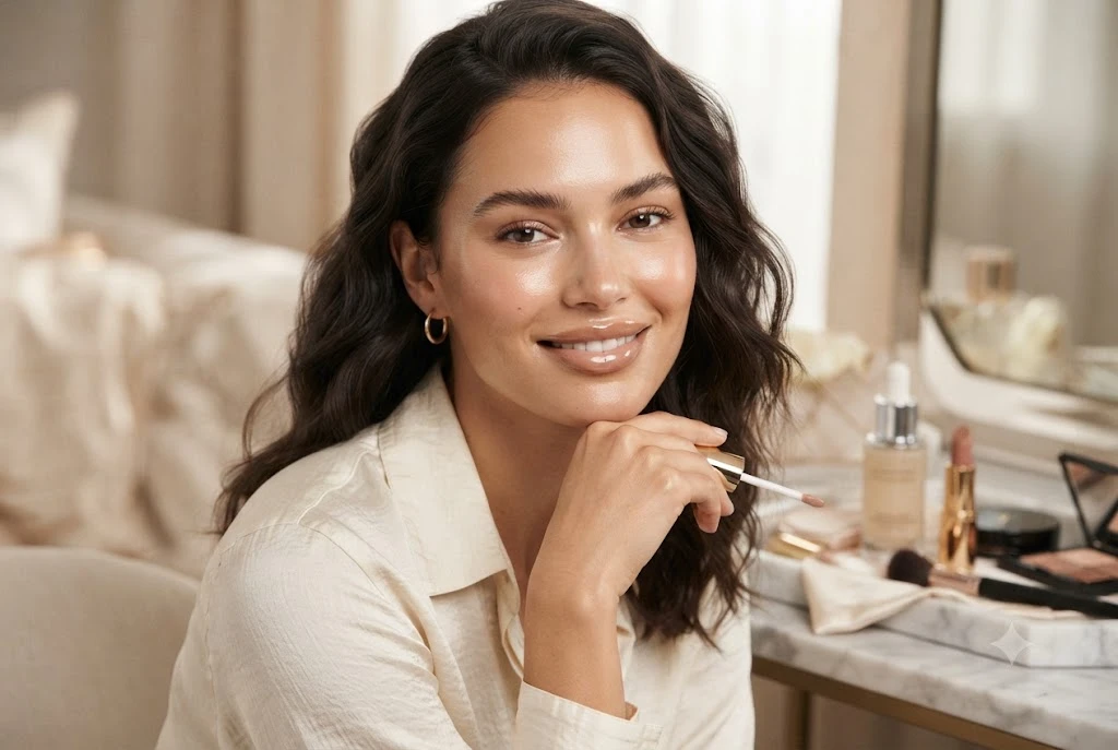 nude gloss applied on naturally styled lips with a healthy glossy finish