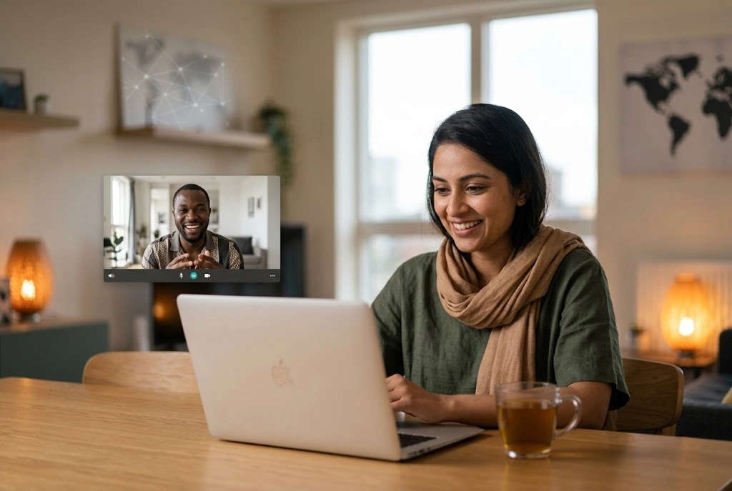 Two people connecting through an online video dating conversation