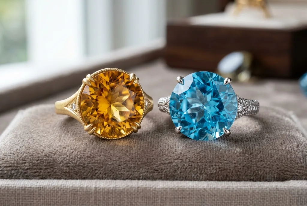 Citrine and topaz gemstones compared in golden and blue colors