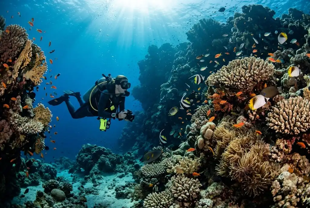 Best Marsa Alam dive sites with scuba diver exploring Red Sea coral reef