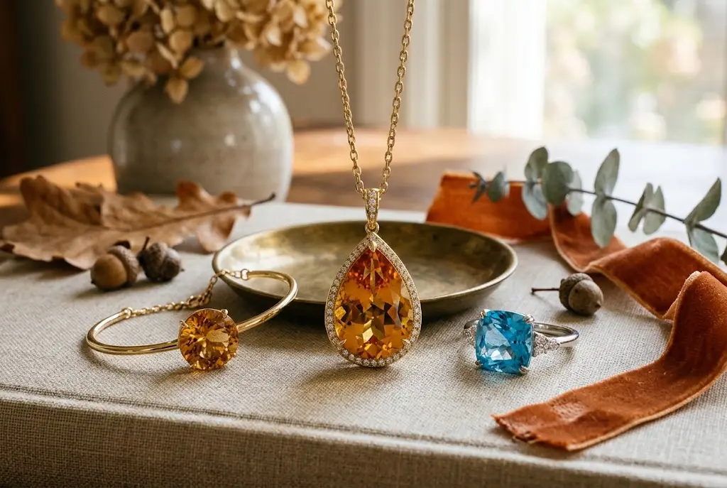 November birthstone jewelry featuring golden citrine and topaz gemstones