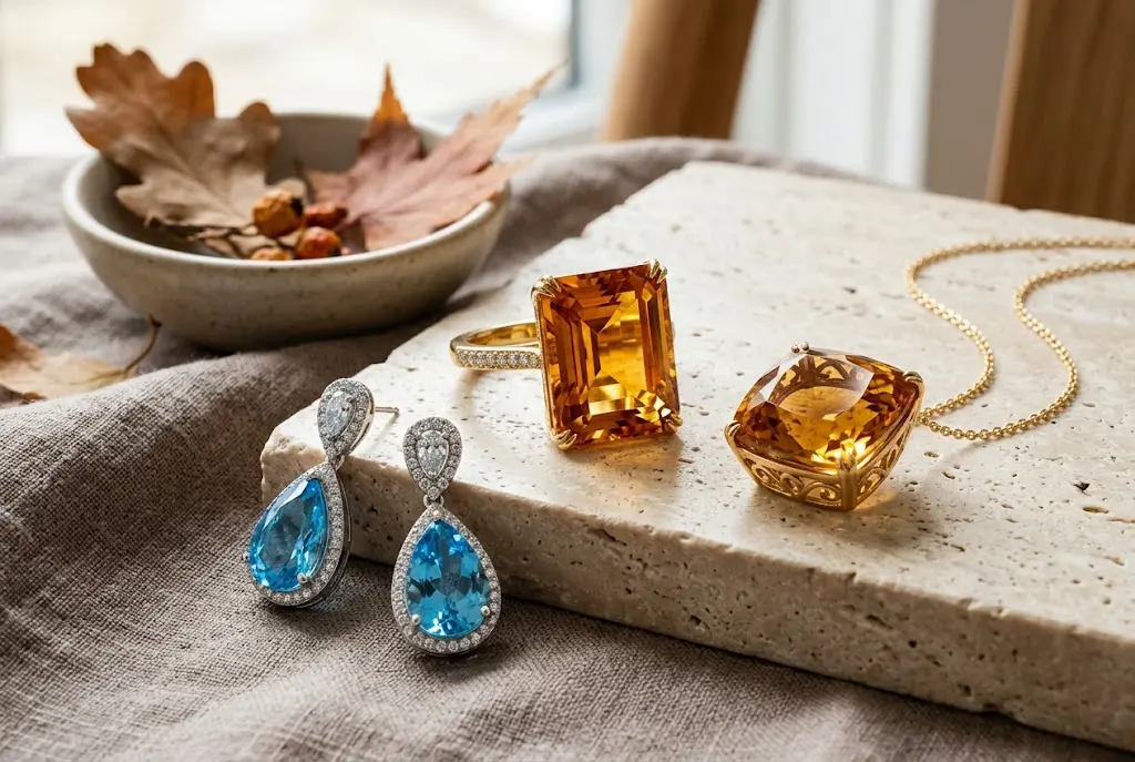 November birthstone jewelry featuring citrine and topaz gemstones