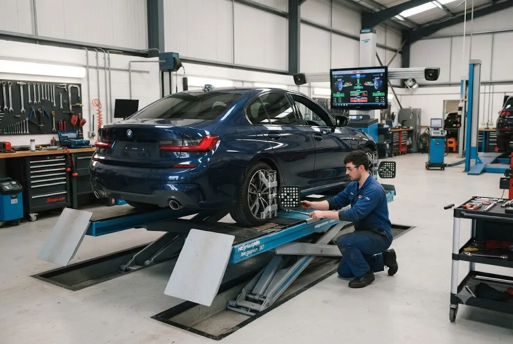 Wheel alignment using digital technology in a UK automotive workshop
