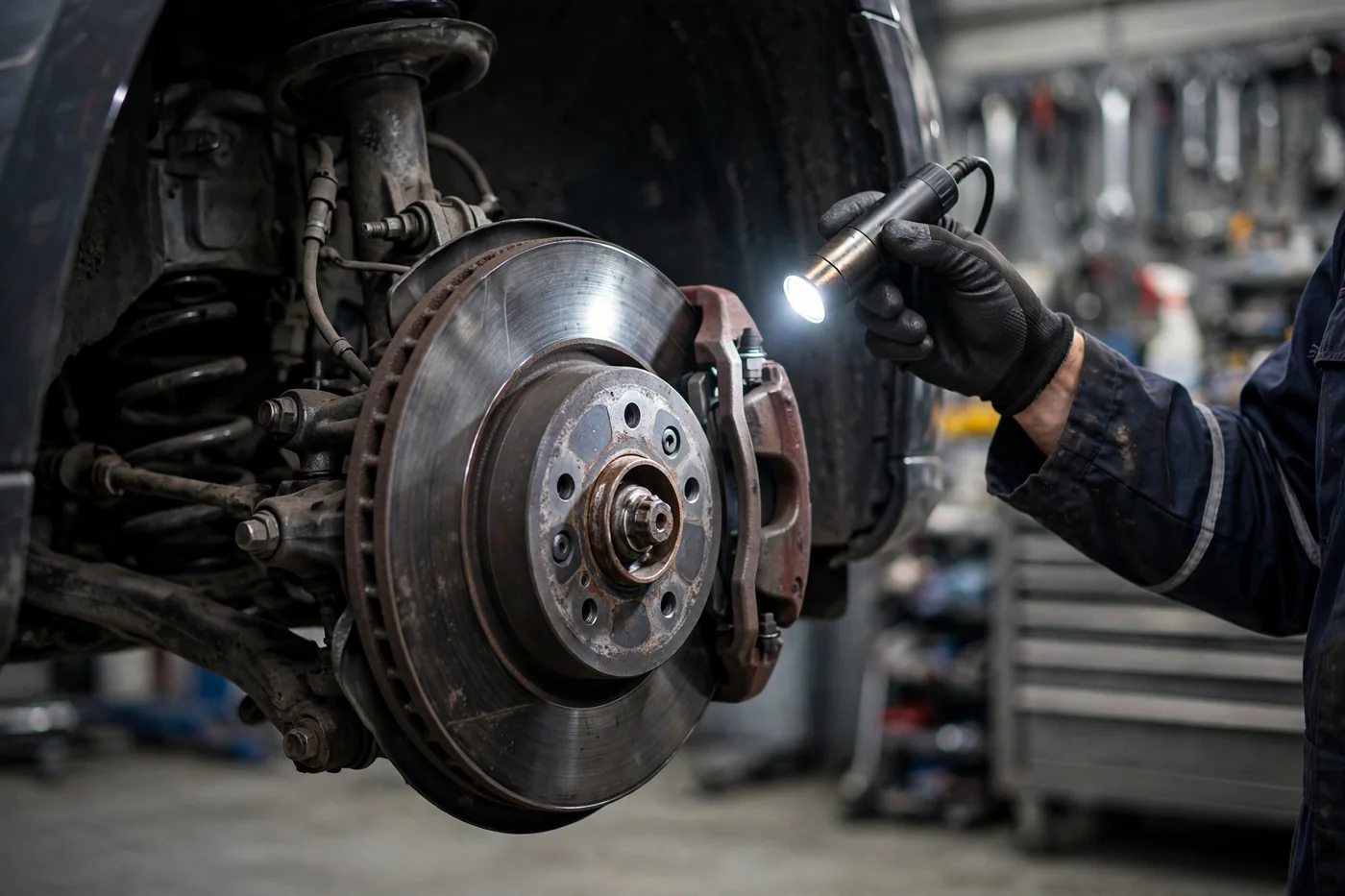 A car brake disc during professional brake services and brake inspection