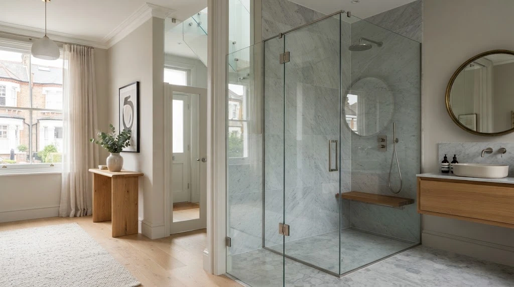 Modern glass works featuring bespoke mirrors, a frameless shower screen and architectural glazing