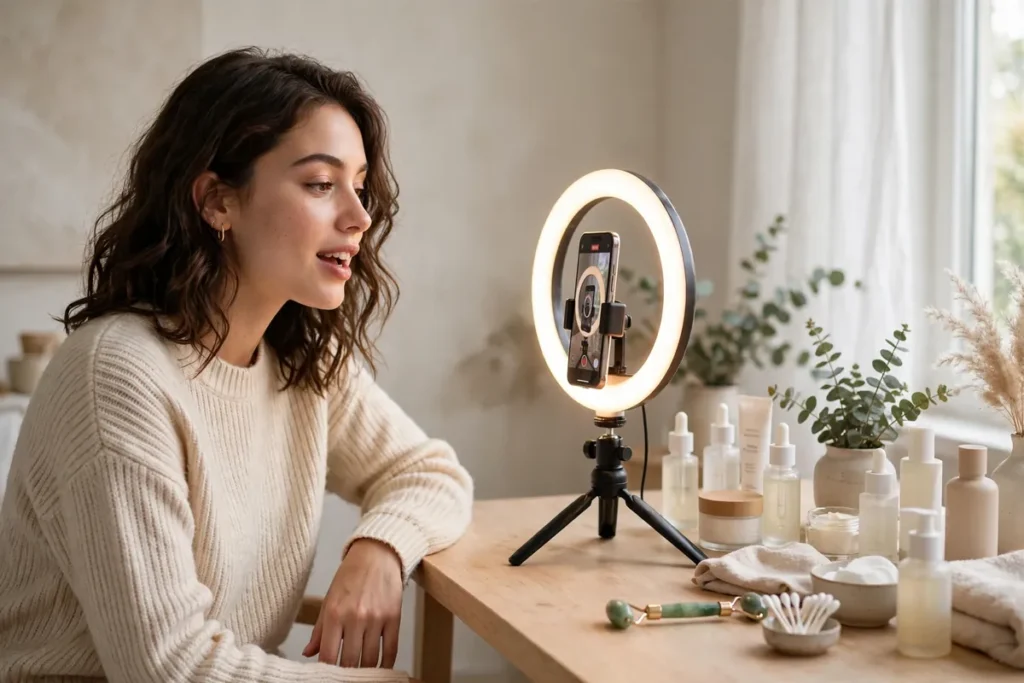 Social Commerce & the New Beauty Buyer A beauty creator filming skincare products for social commerce beauty shopping in the UK